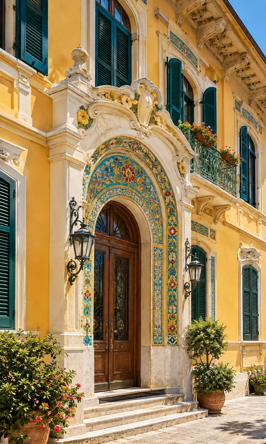 Eine gelbe Fassade im Liberty-Stil mit einem bunt gekachelten Bogen unter blauem Himmel