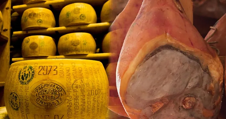 Laibe Parmigiano Reggiano, gestapelt auf Holzregalen neben einem Schinken