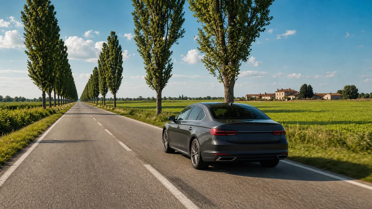 A dark grey car on a straight country road lined with tall poplars through flat green fields
