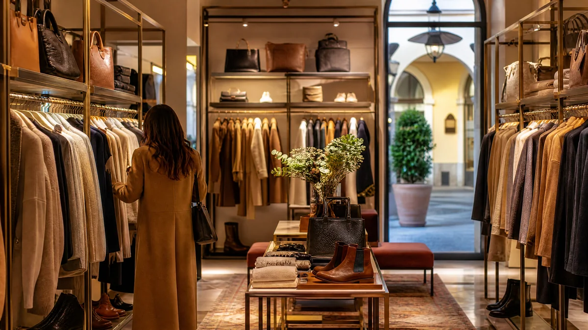 Ordentliche Ständer mit Mänteln und Strickwaren sowie Regale mit Taschen und Schuhen in einer Designer-Outlet-Boutique