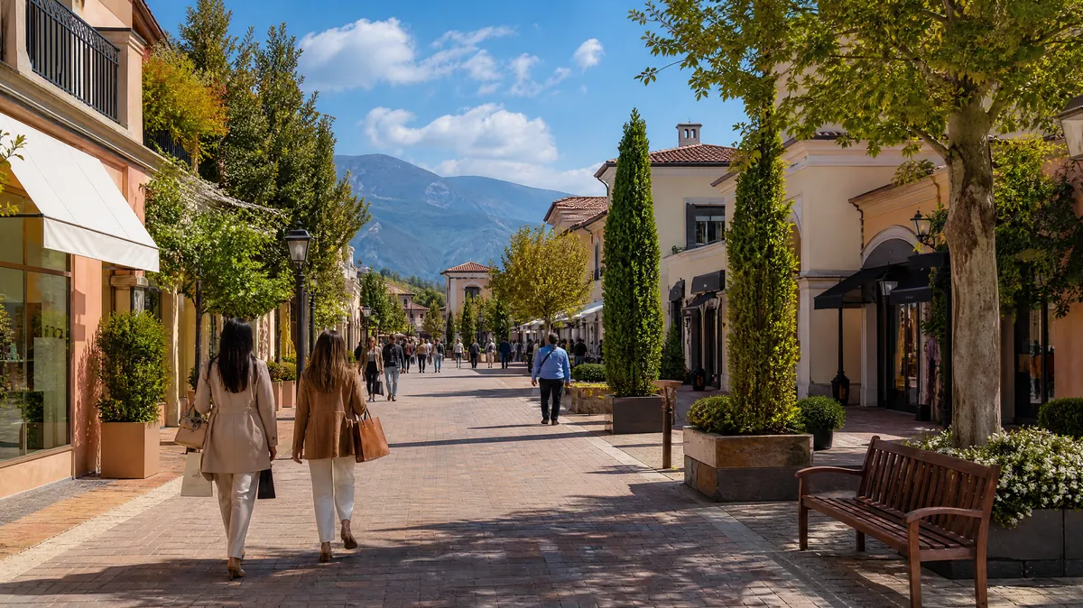 Eine lange Fußgängergasse zwischen niedrigen pastellfarbenen Boutiquen in einem Open-Air-Outlet-Village an einem sonnigen Tag